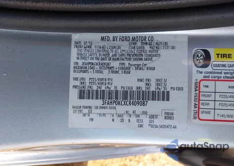 2012 Ford Fusion Sport from USA, damaged, VIN 3FAHP0KCXCR409087